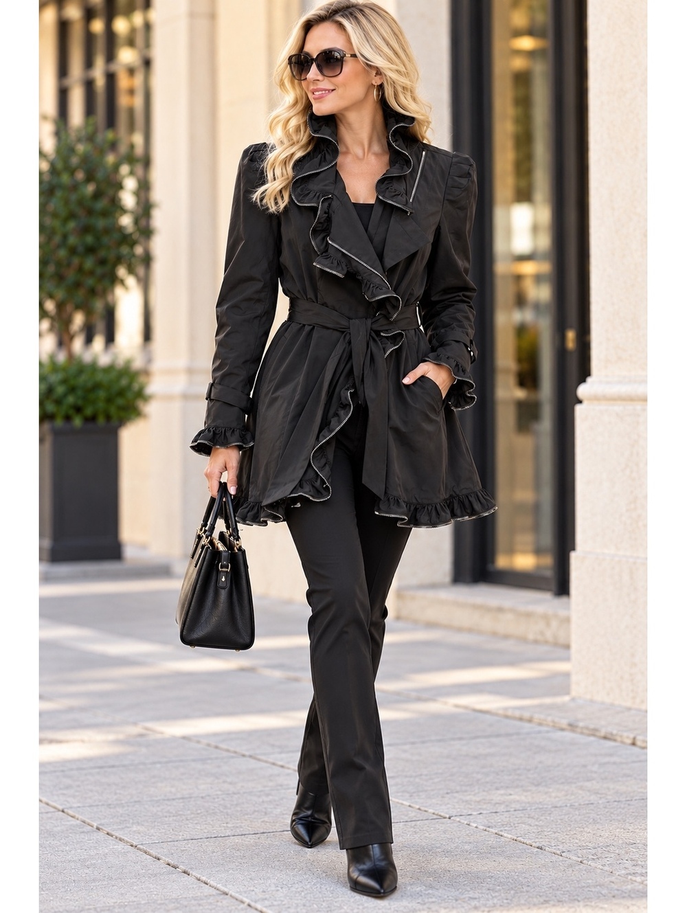 Etcetera Size 0 Black Ruffle Belted Trench Coat Jacket